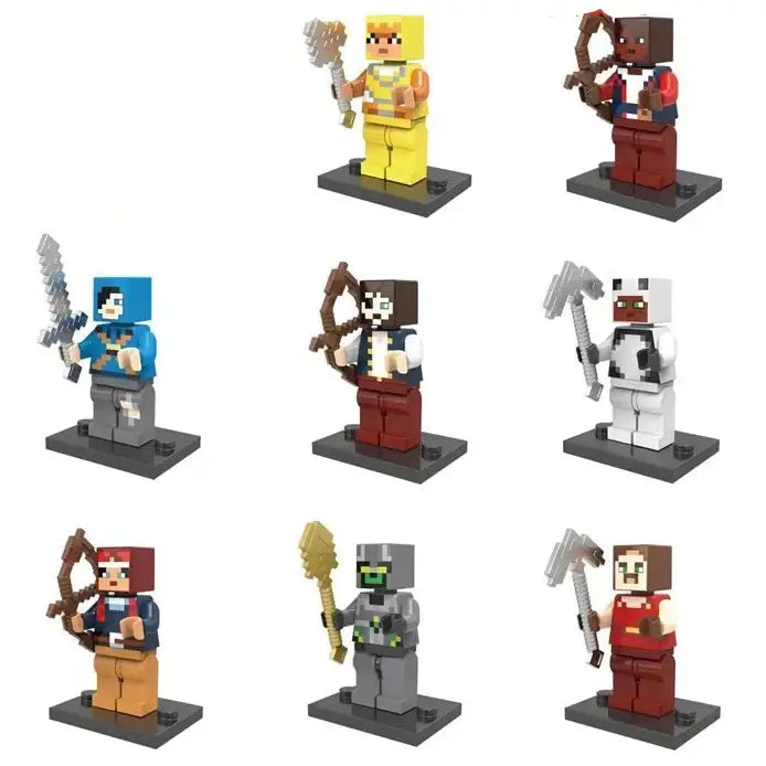 Lot 8 figurines lego minecraft avec neuf mini-figurines pixelisées en plastique aux tenues et armes variées