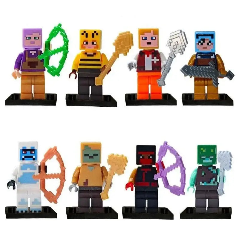 Lot 8 figurines lego minecraft avec huit minifigures pixelisées colorées tenant des armes ou outils uniques