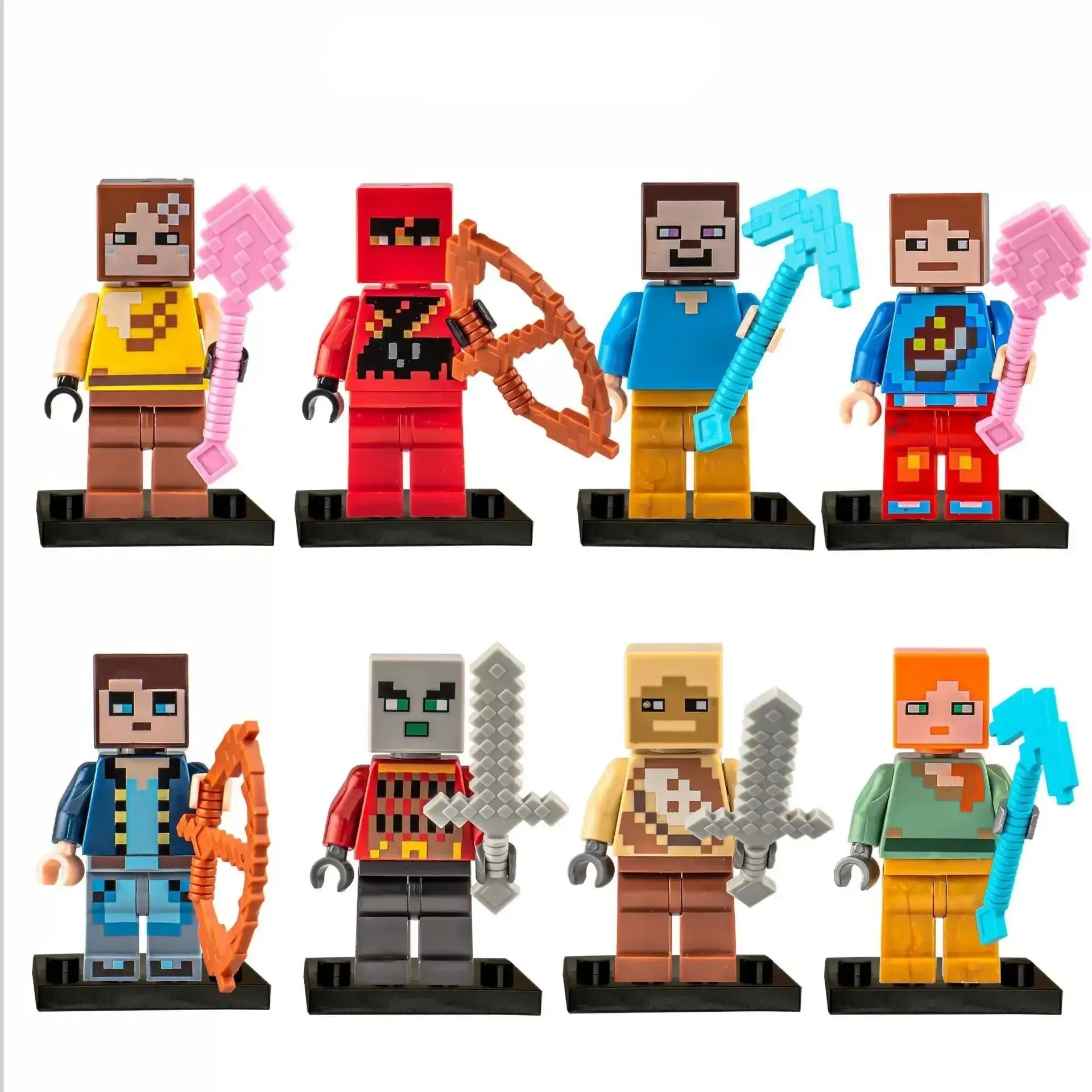 Lot 8 figurines lego minecraft avec huit figurines lego minecraft colorées uniques en tenues et armes variées