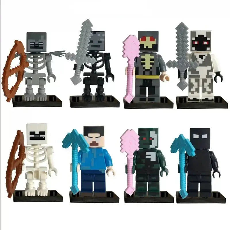 Lot 8 figurines lego minecraft en plastique avec personnages pixelisés incluant steve et squelettes armés