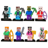 Lot 8 figurines lego minecraft avec huit figurines en blocs pixelisés colorés tenant des armes comme épées et haches