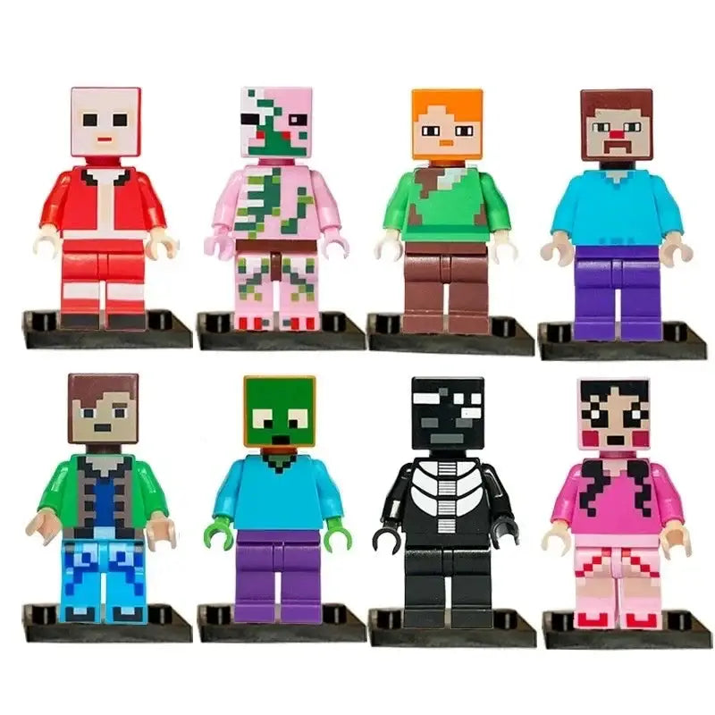 Lot 8 figurines lego minecraft montrant huit minifigurines colorées pixelisées sur supports noirs