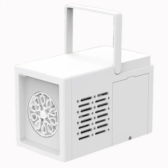 Machine à bulles automatique blanc en plastique avec poignée et grille circulaire pour un flux continu et ambiance féérique