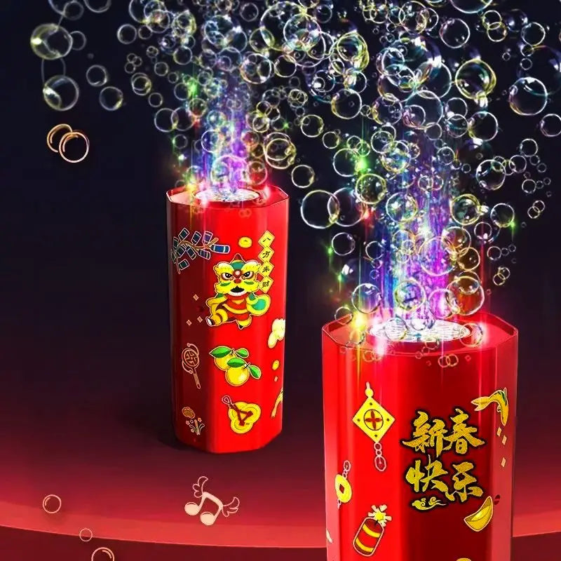 Machine à bulles électronique rouge cylindrique avec designs colorés et caractères chinois pour univers féerique