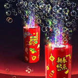 Machine à bulles électronique rouge cylindrique avec designs colorés et caractères chinois pour univers féerique