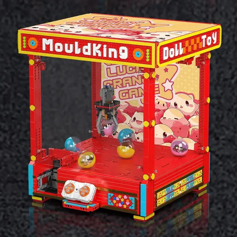 Machine à pince rouge et jaune en briques télécommandée avec poupées en peluche cartoon pour déguisement carnaval