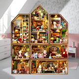 Maison de poupée en bois détaillée avec plusieurs pièces meublées en miniature pour jeu et décoration