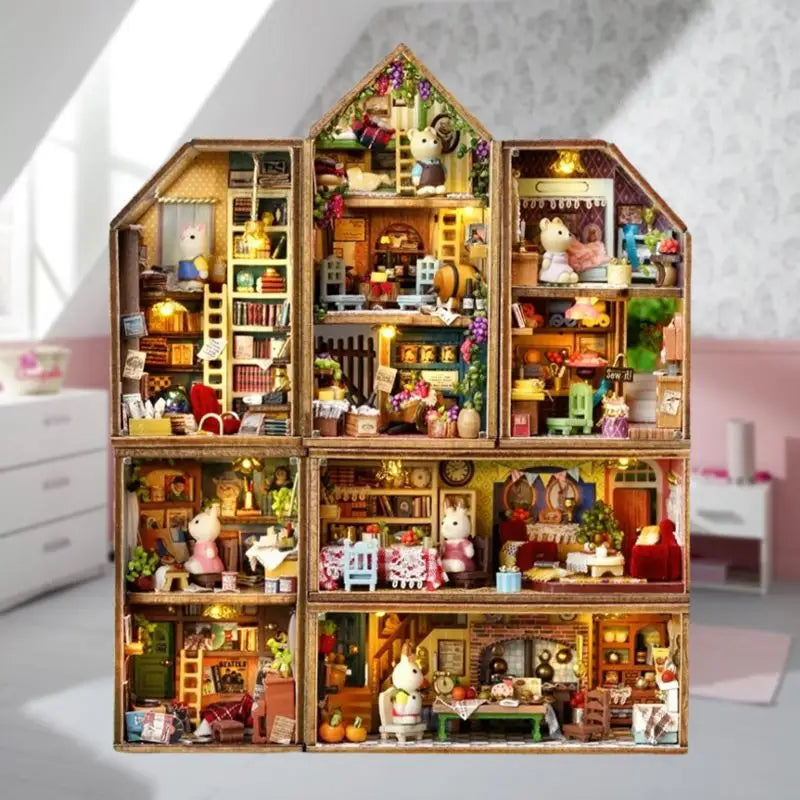 Maison de poupée en bois détaillée avec plusieurs pièces meublées en miniature pour jeu et décoration