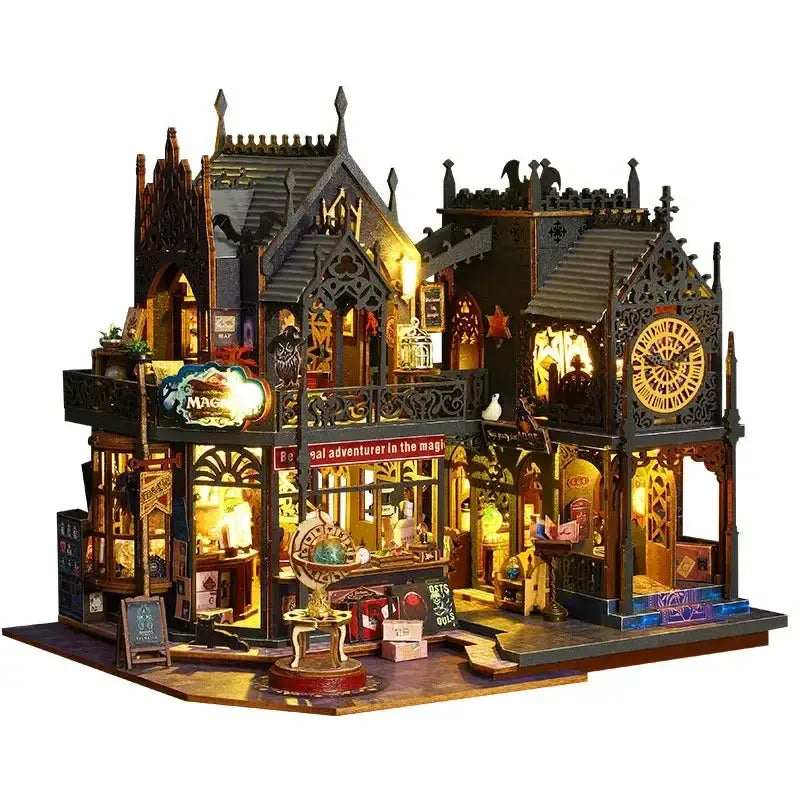 Maison de poupée steampunk en bois miniature avec détails en laiton et lumière intérieure éclatante pour construction maison