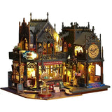 Maison de poupée steampunk en bois miniature avec détails en laiton et lumière intérieure éclatante pour construction maison