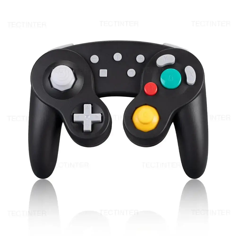 Manette gamecube bluetooth noire en plastique avec boutons blanc rouge vert et jaune pour compatibilité étendue et fonction turbo