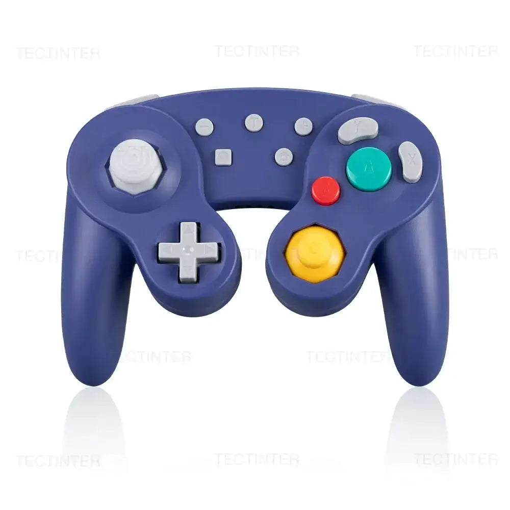 Manette gamecube bluetooth en plastique bleu marine avec boutons blanc rouge vert jaune compatibilité étendue fonction turbo