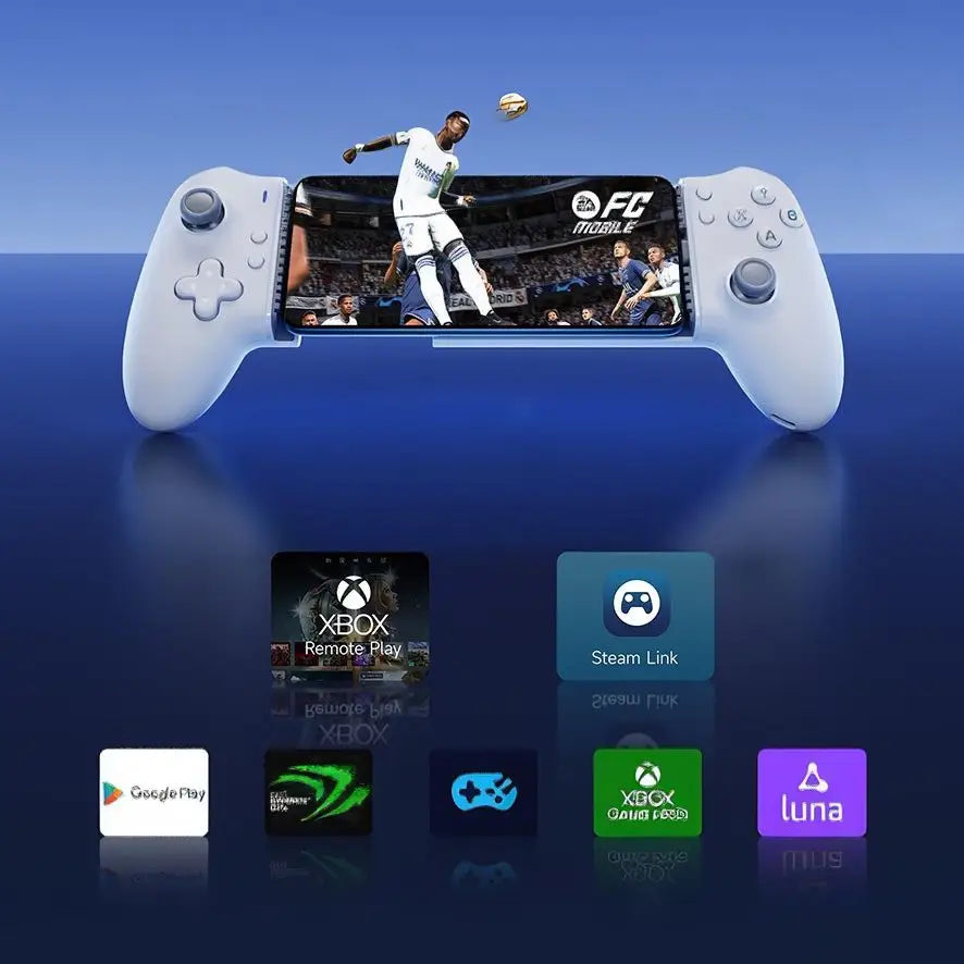 Manette jeux video mx m15 blanche avec smartphone intégré affichant jeu fc mobile, support natif et mode smart mapping