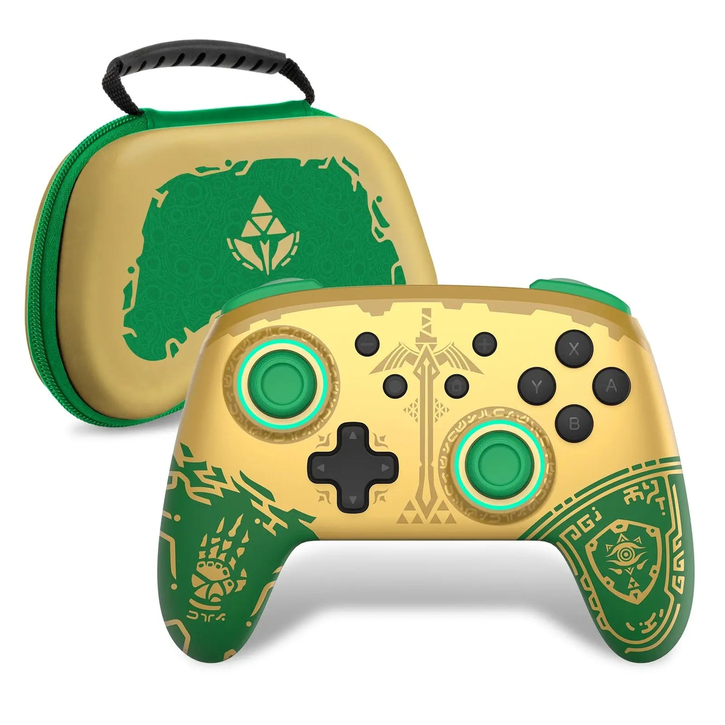 Manette nintendo switch oled vert doré avec design zelda totk pour une expérience de jeu immersive