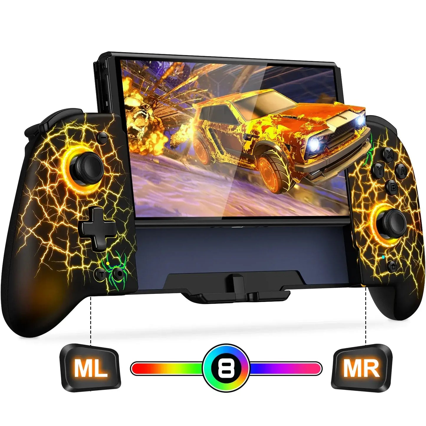 Manette nintendo switch avec poignée pleine taille ergonomique noire et or effet craquelé avec effets lumineux jaunes