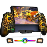 Manette nintendo switch avec poignée pleine taille ergonomique noire et or effet craquelé avec effets lumineux jaunes