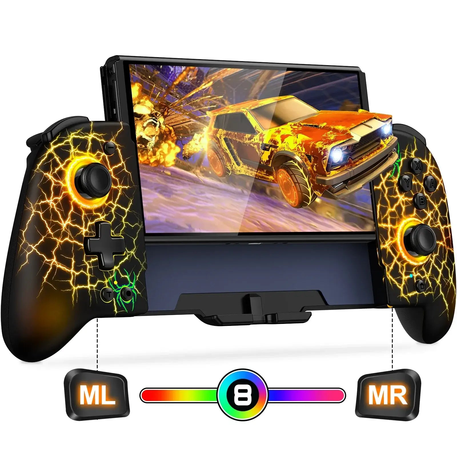 Manette nintendo switch avec poignée pleine taille ergonomique noire et or effet craquelé avec effets lumineux jaunes