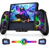 Manette nintendo switch noire avec effets lumineux arc-en-ciel sur poignée pleine taille ergonomique et écran lumineux