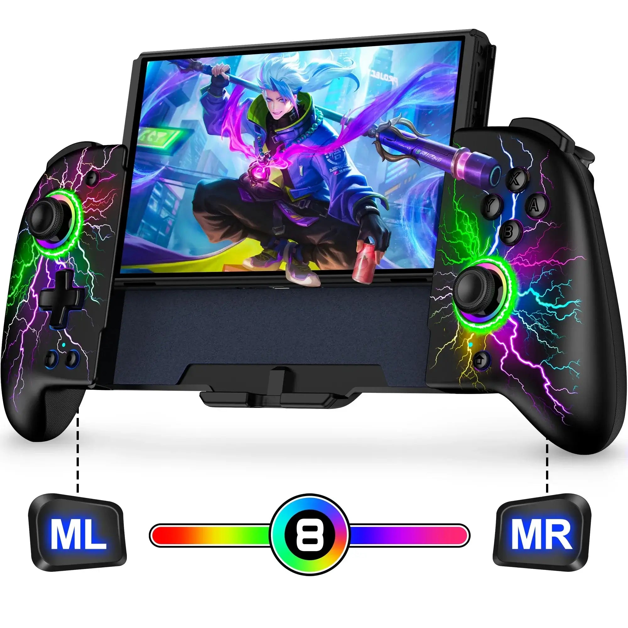 Manette nintendo switch noire avec effets lumineux arc-en-ciel sur poignée pleine taille ergonomique et écran lumineux