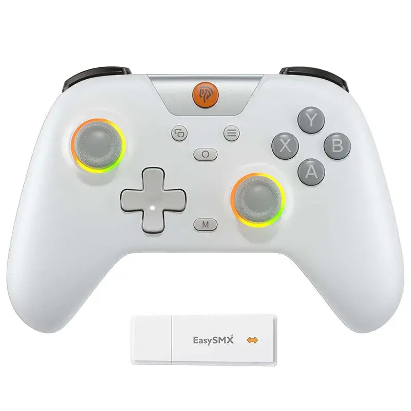 Manette pro gaming bluetooth switch 2 pc blanche avec sticks analogiques illuminés orange et vert et boutons gris idéale manette switch