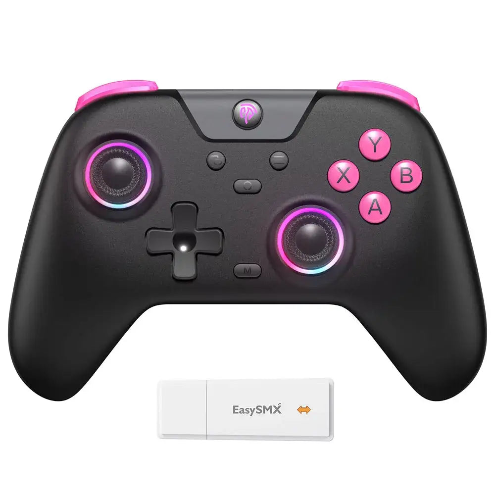 Manette pro gaming bluetooth switch 2 pc noire avec accents roses et leds violettes, design ergonomique manette switch