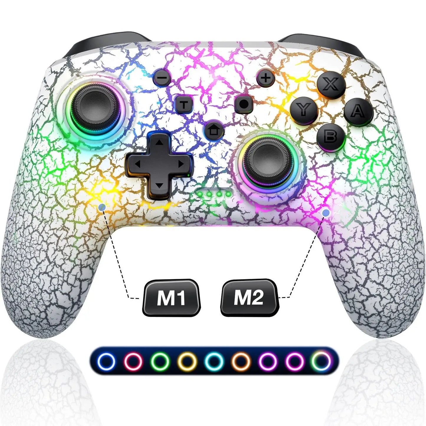 Manette pro rgb nintendo switch oled avec motif craquelé arc-en-ciel et boutons noirs personnalisables led