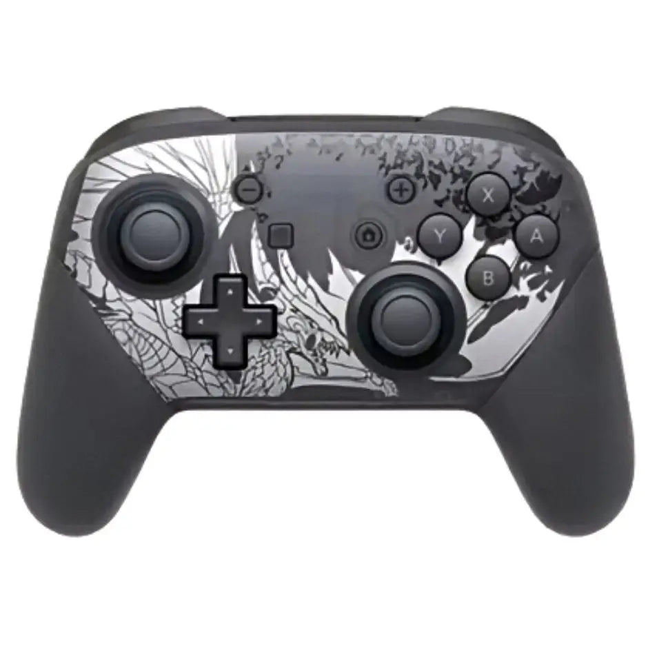 Manette pro switch 2 noire et argent avec design exclusif monster hunter et illustration de dragon pour monster hunter rise