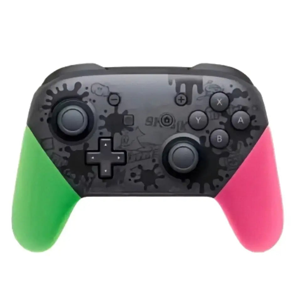 Manette pro switch noire avec design éclaboussures colorées et poignées vertes et roses pour pro switch splatoon