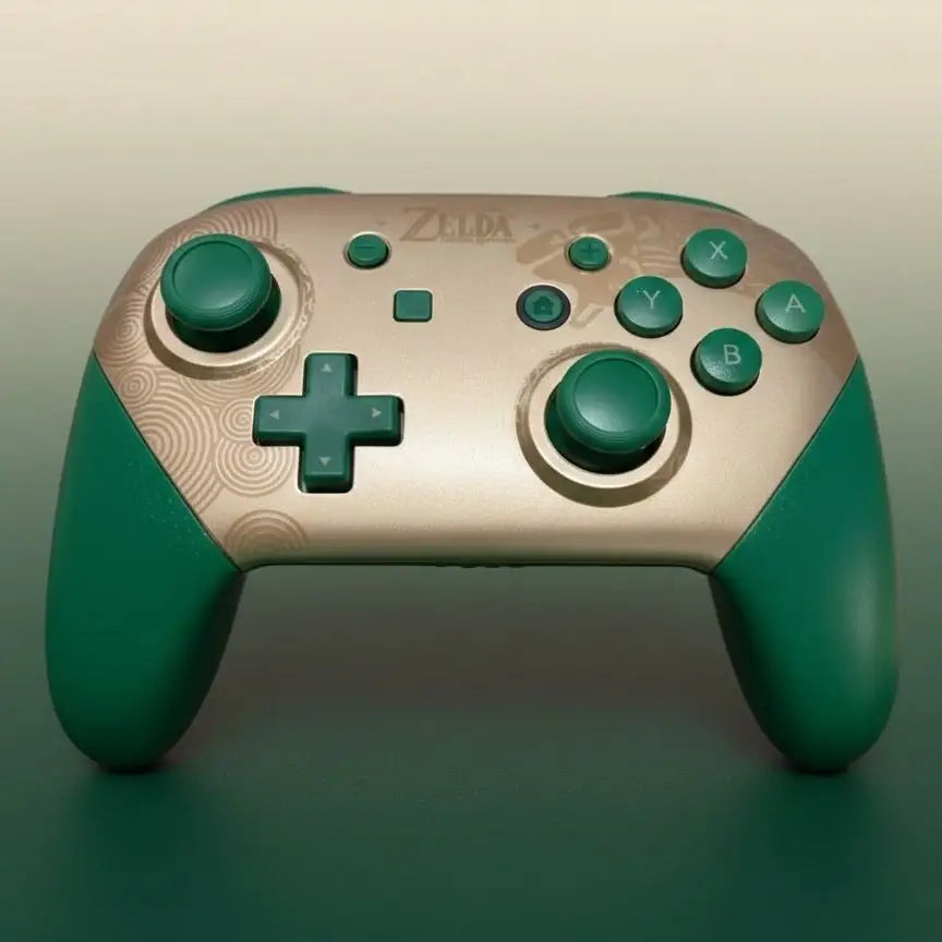 Manette pro switch verte et or avec design zelda breath of the wild et vibrations double moteur pour jeu immersif