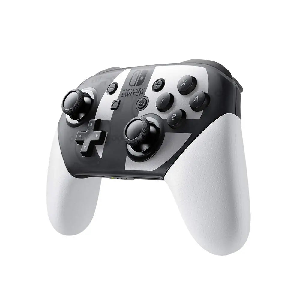 Manette pro switch 2 super smash bros en noir et blanc avec finition mate et vibrations double moteur fonctionnalité nfc