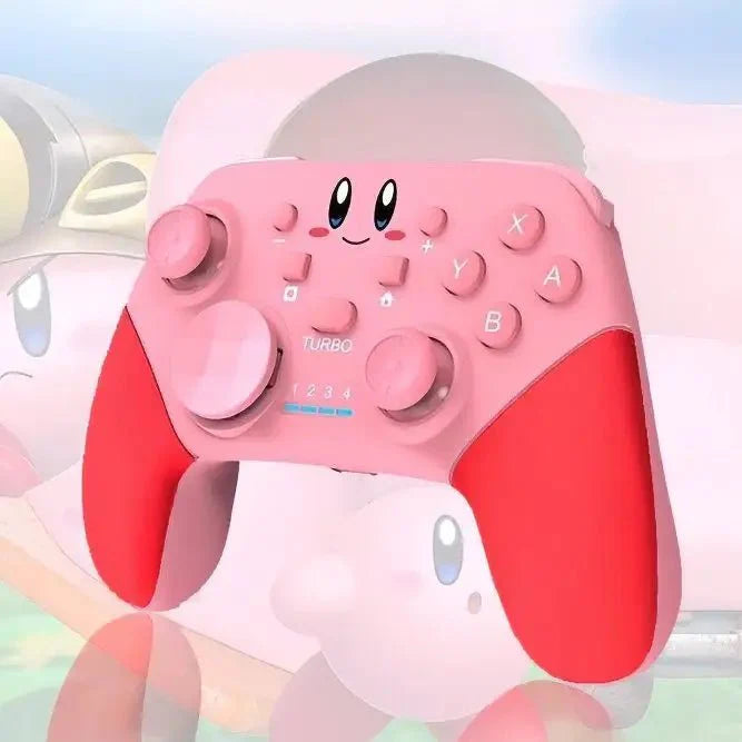Manette sans fil kirby switch pro controller rose et rouge avec petits yeux et design visage pour switch oled