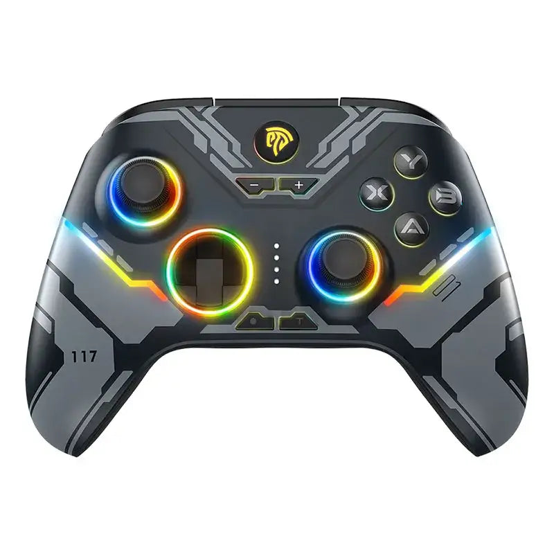Manette x15 nintendo switch 2 noire et grise avec éclairage rgb autour des sticks analogiques et boutons pour steam deck et téléphones mobiles android