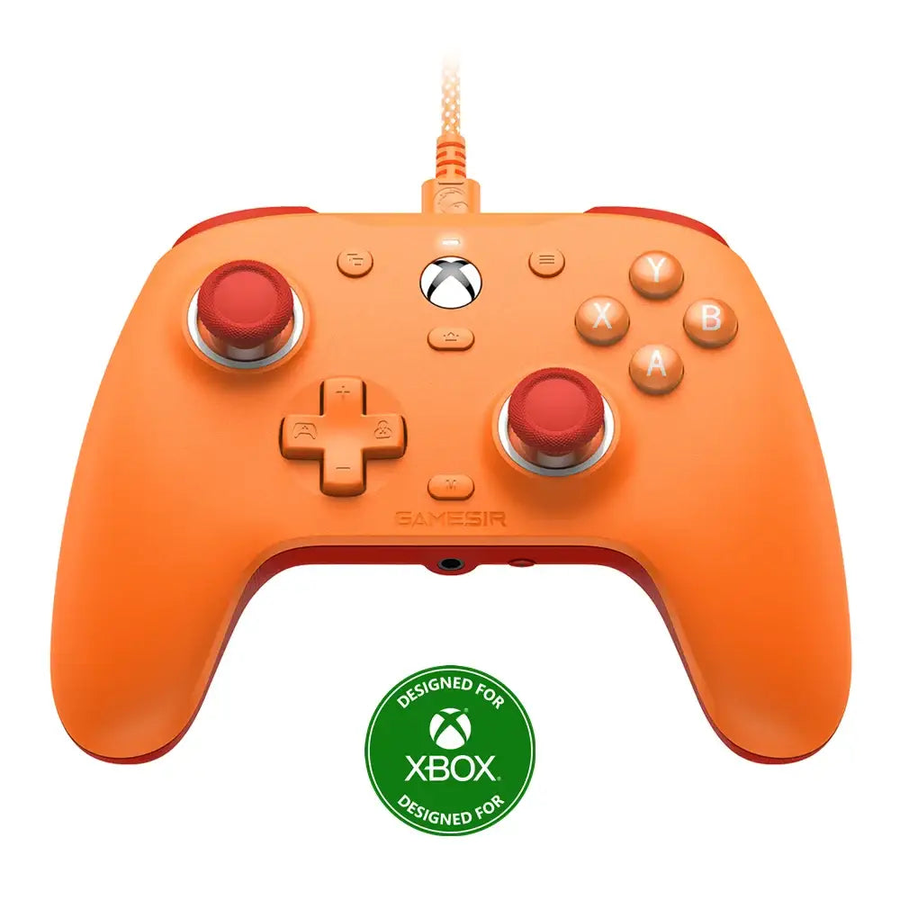 Manette xbox series x orange vibrant avec sticks analogiques rouges boutons assortis finition mate logo samesir