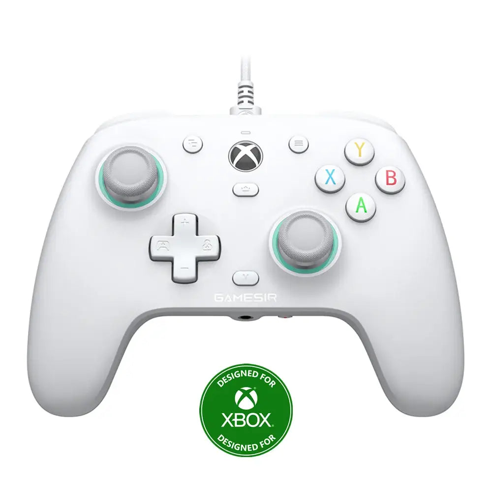 Manette xbox series x blanche avec finition mate, anneaux mint verts aux joysticks et boutons colorés
