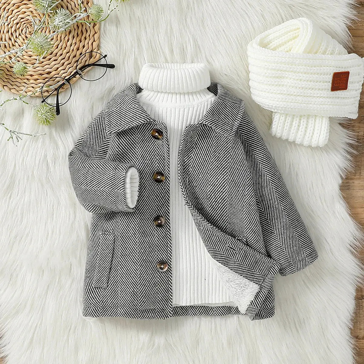 Manteau bébé automne gris à motif chevrons avec boutons marron et col roulé blanc en peluche ultra douce pour sorties quotidiennes