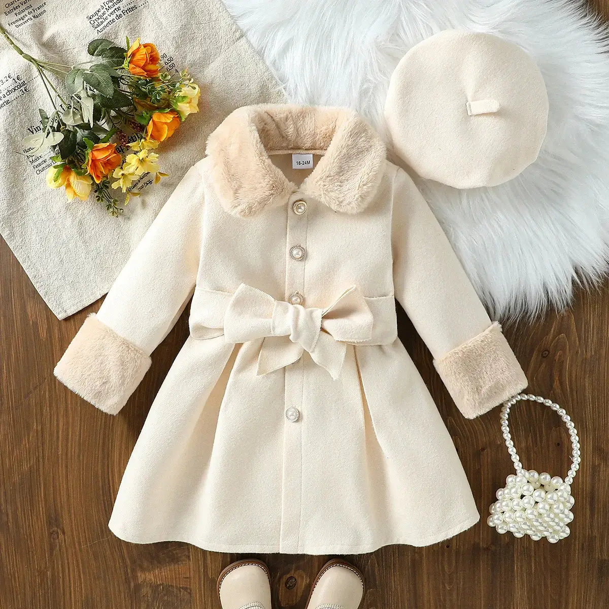 Manteau fille col fourrure crème avec col et poignets en fourrure douce et nœud assorti pour petites princesses