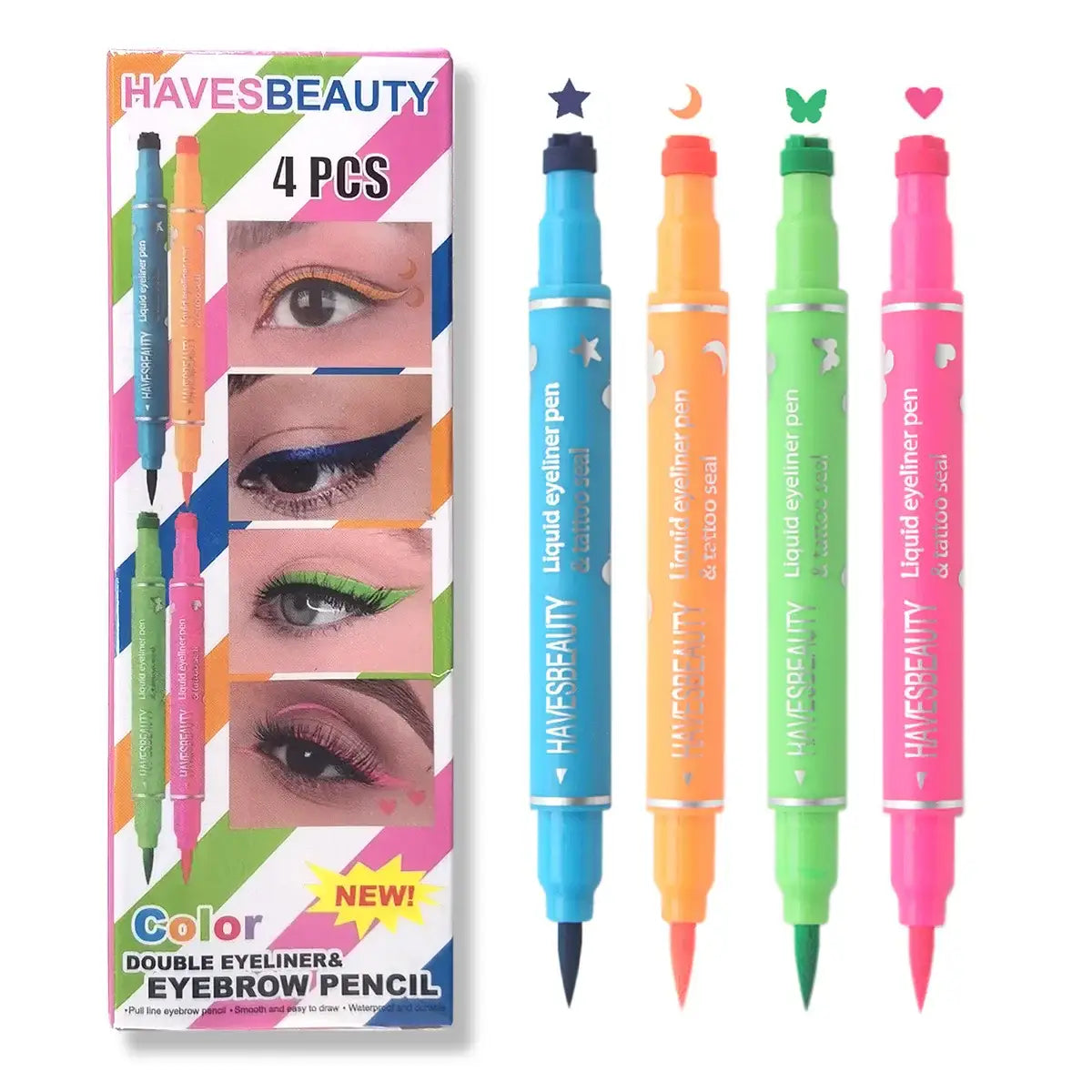 Set de quatre eyeliner couleur maquillage fête double extrémité avec tampon décoratif étoile lune papillon cœur