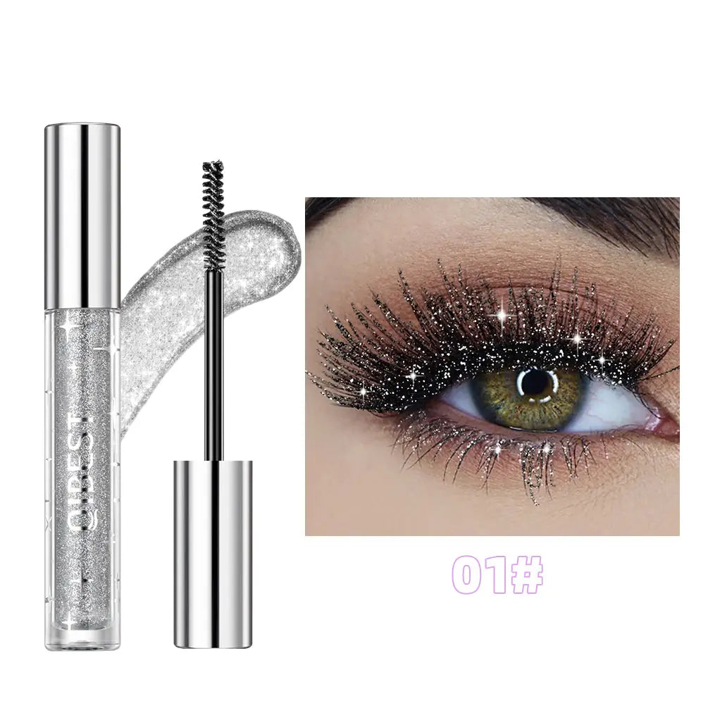 Mascara scintillant maquillage fête en tube transparent avec brosse noire et bouchon métal pour longue tenue