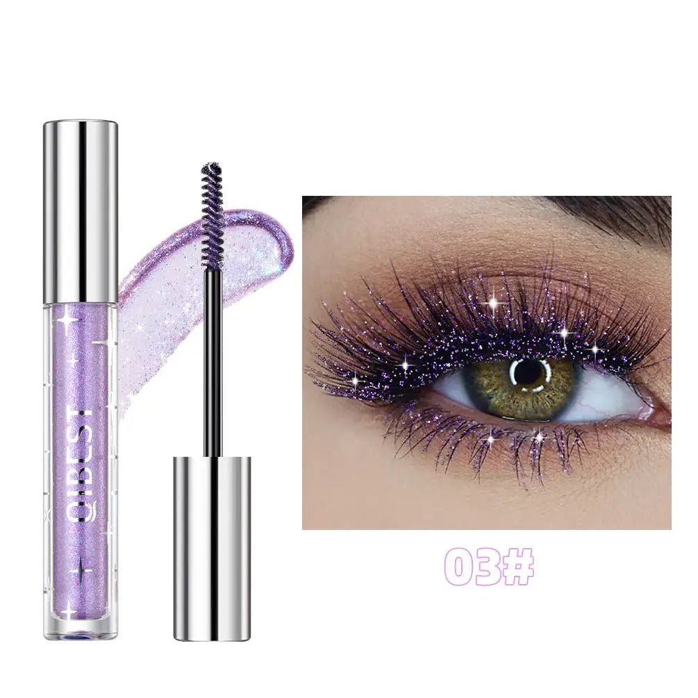 Maquillage fête mascara scintillant longue tenue en tube argenté avec applicateur à brins fins couleur lavande scintillante