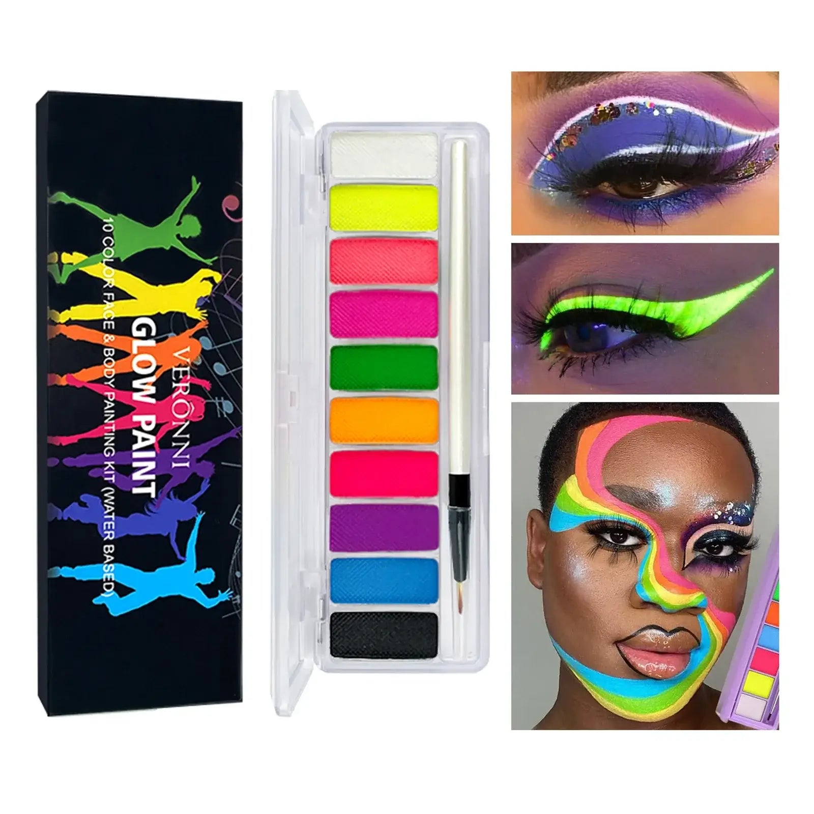 Kit de maquillage peinture fluorescente néon veronni avec palette plastique claire 10 couleurs néon vives et pinceau inclus