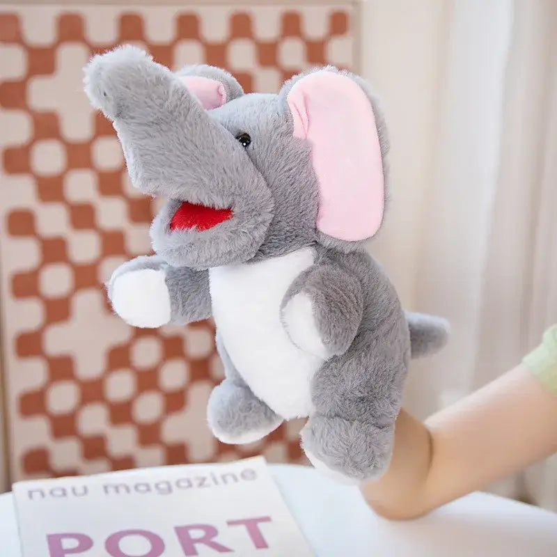 Marionnette animal en peluche grise douce avec oreilles roses et accents blancs pour spectacles inoubliables