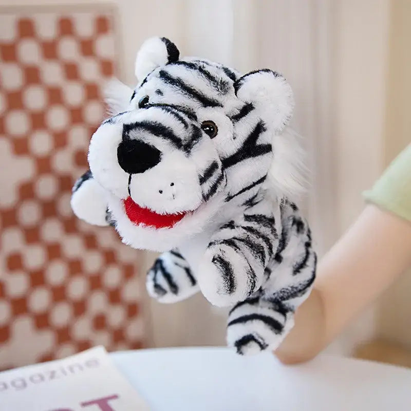 Marionnette animal en peluche tigre blanc avec rayures noires bouche rouge en matériaux doux pour spectacles inoubliables