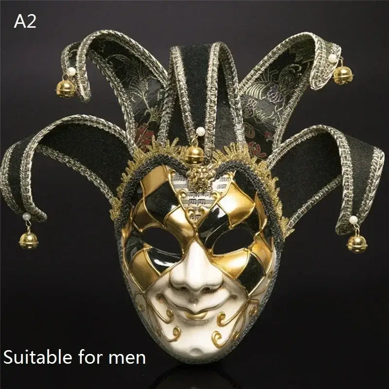 Masque carnaval venise halloween élégant masque de jester noir et or avec bordure argentée ornée et clochettes décoratives