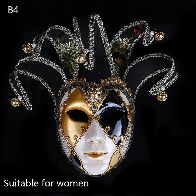 Élégant masque carnaval venise halloween en or et noir avec broderies florales argentées et clochettes pour soirées costumées