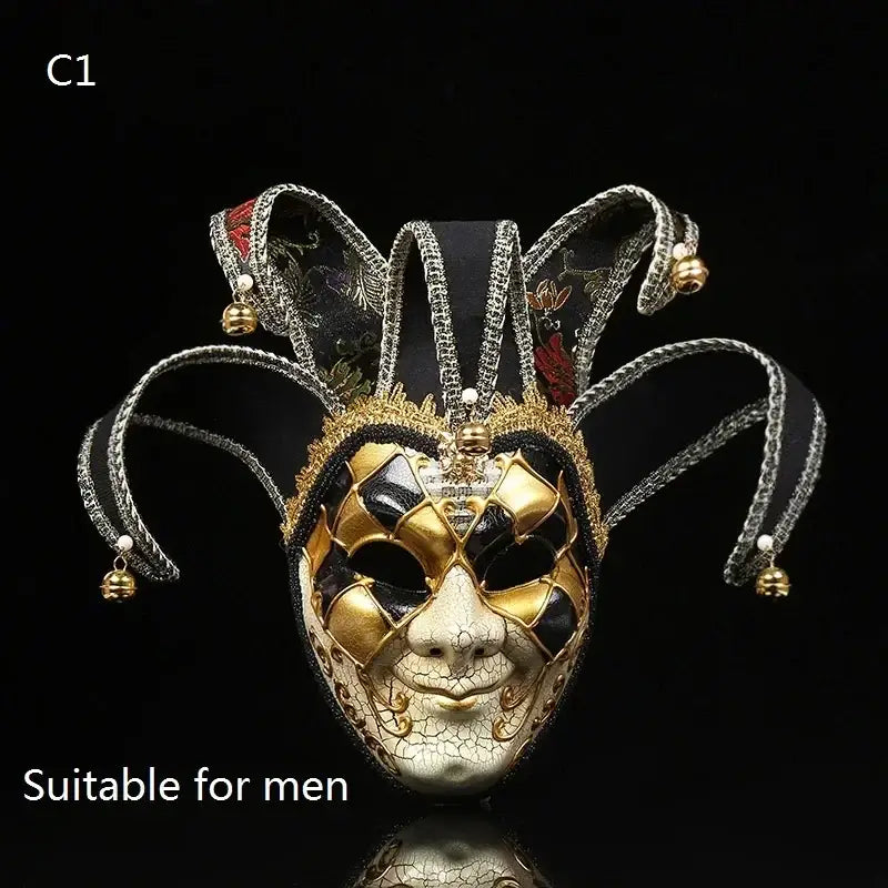 Masque carnaval de venise halloween en forme de lutin noir et or avec finition craquelée dentelle ornée et grelots bijoux pour soirées costumées
