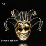 Masque carnaval de venise halloween en forme de lutin noir et or avec finition craquelée dentelle ornée et grelots bijoux pour soirées costumées