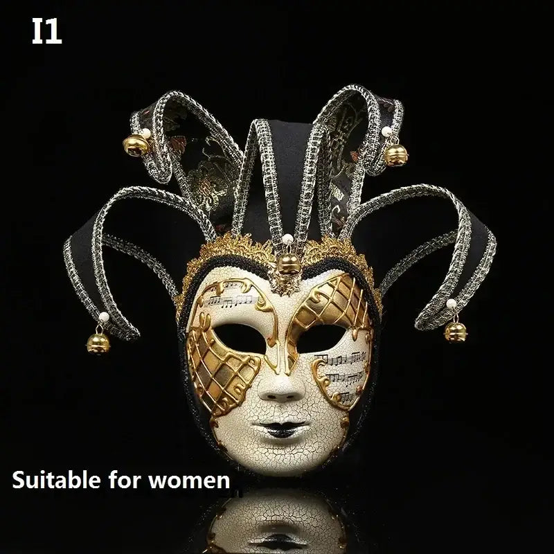 Masque carnaval de venise halloween blanc et or avec notes musicales, rubans satin noir et clochettes dorées pour soirées costumées