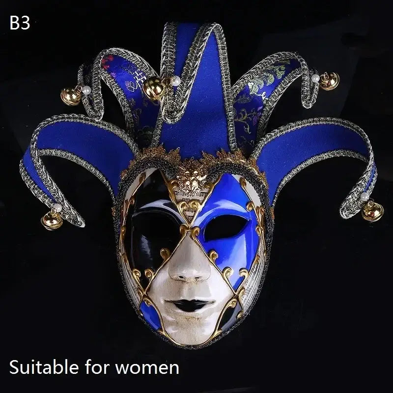 Masque carnaval de venise halloween bleu et or avec bordure métallique ornée de perles et clochettes pour soirées costumées