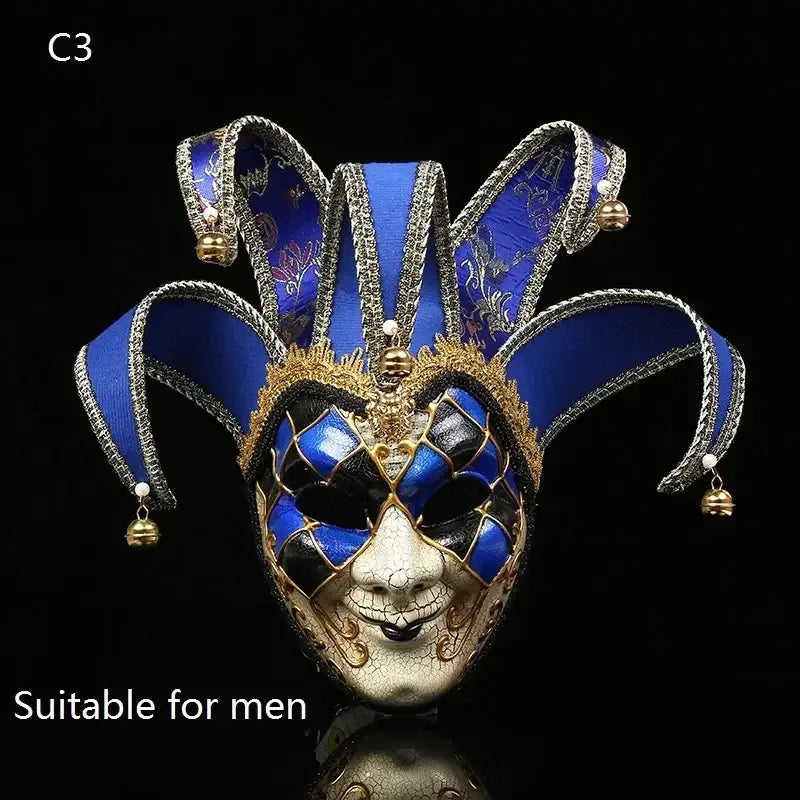 Masque carnaval de venise halloween bleu et or avec motifs ornés métalliques et grelots pour soirées costumées