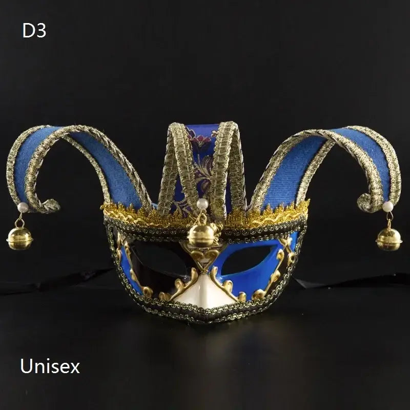 Masque carnaval de venise halloween bleu et or avec finition métallique ornée de perles et clochettes pour soirées costumées
